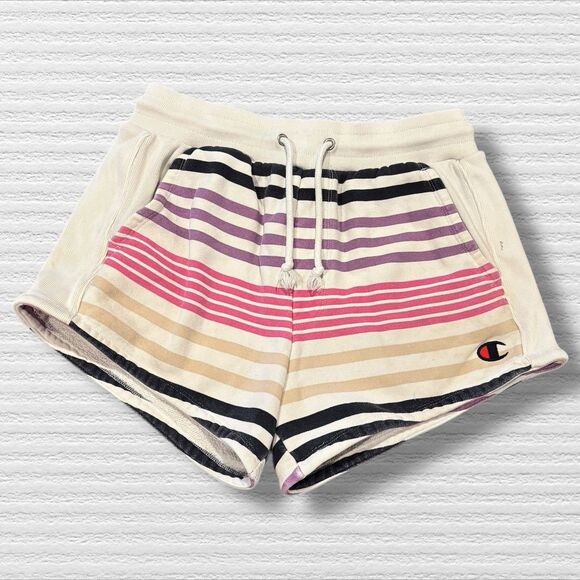 Womens CHAMPION White Striped Urban Candy Reverse Weave Shorts Sz Med - Picture 1 of 10